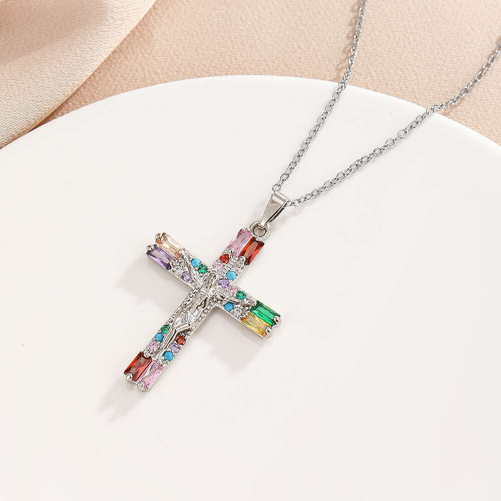 Trade New Virgin Mary Cross Micro Inlaid Zircon Copper Gold-Plated Necklace Women's Collarbone Chain Pendant