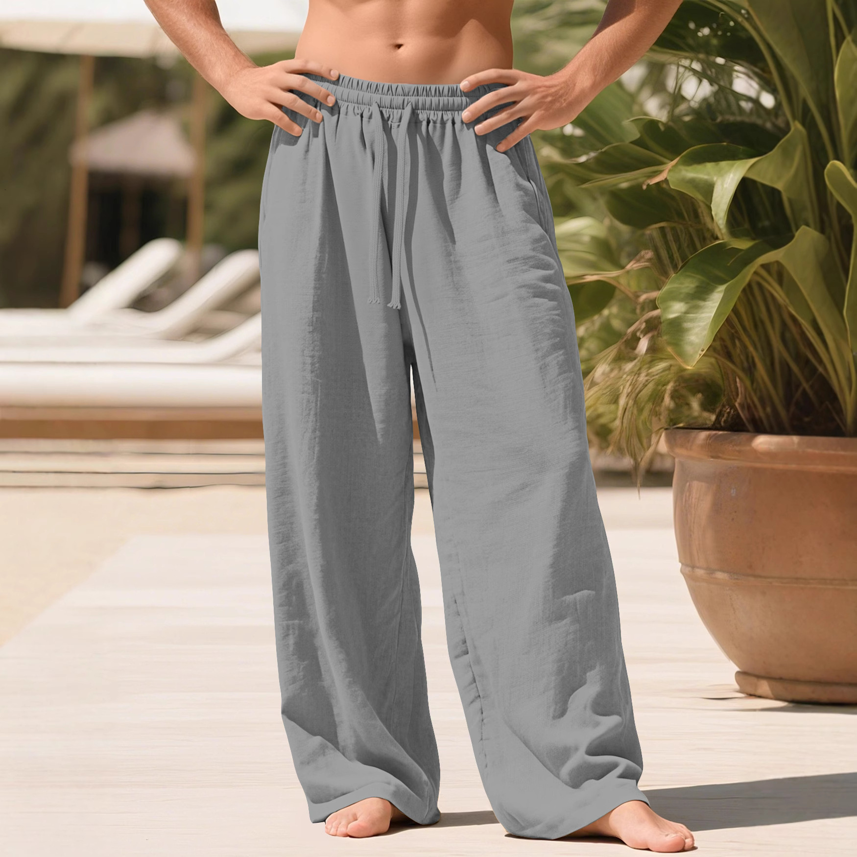 Sweatpants Pants Mens Designer Casual Pants Loose Linen Drawstring Sweatpants Solid Color Summer Trousers With Pockets For European American Men Beach