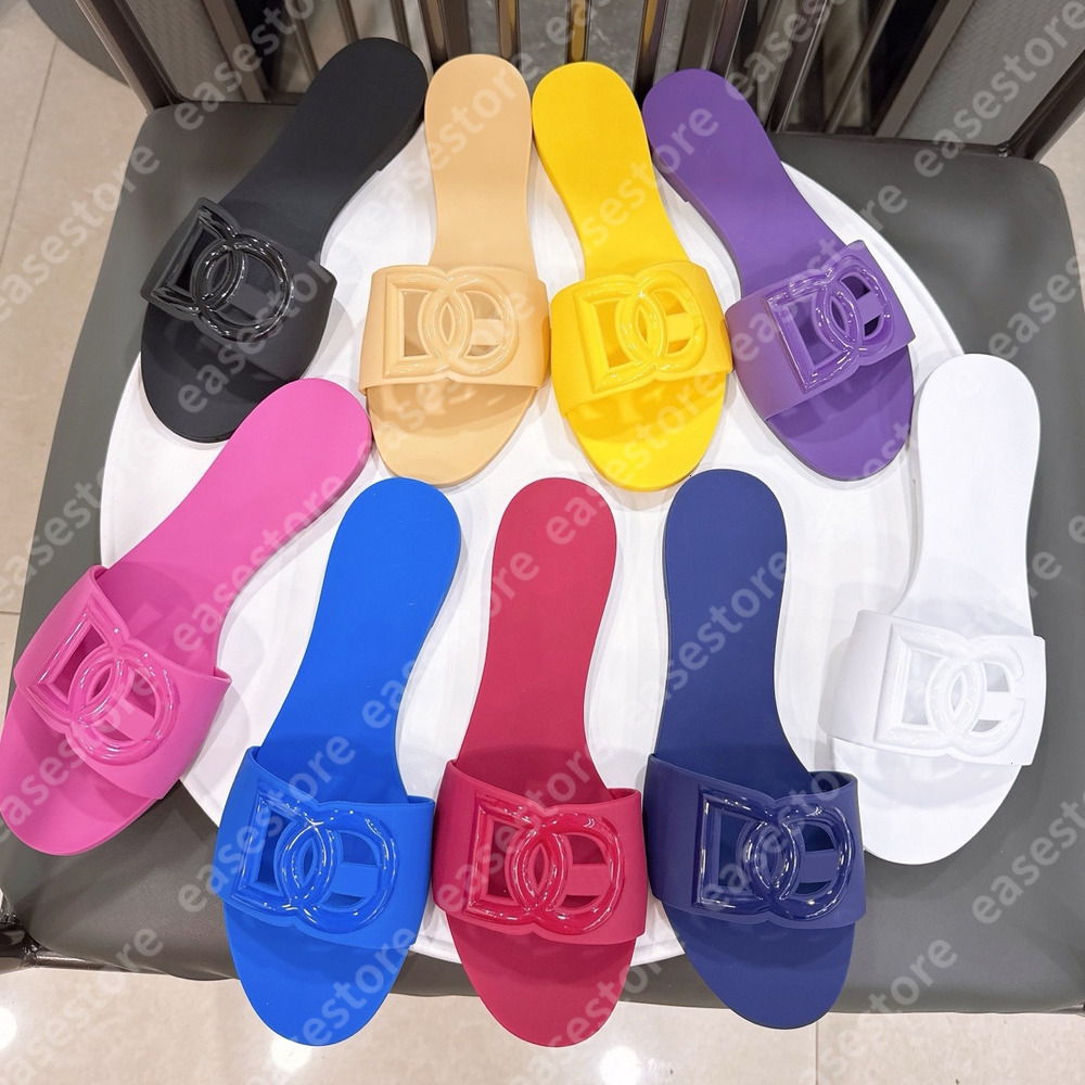 Designer Sandals Women Interlocking Slides Rubber Slippers Ladies Flat Beach Jelly Script Blue Summer Fall Mules Outdoor Waterproof Luxury Size 35-42