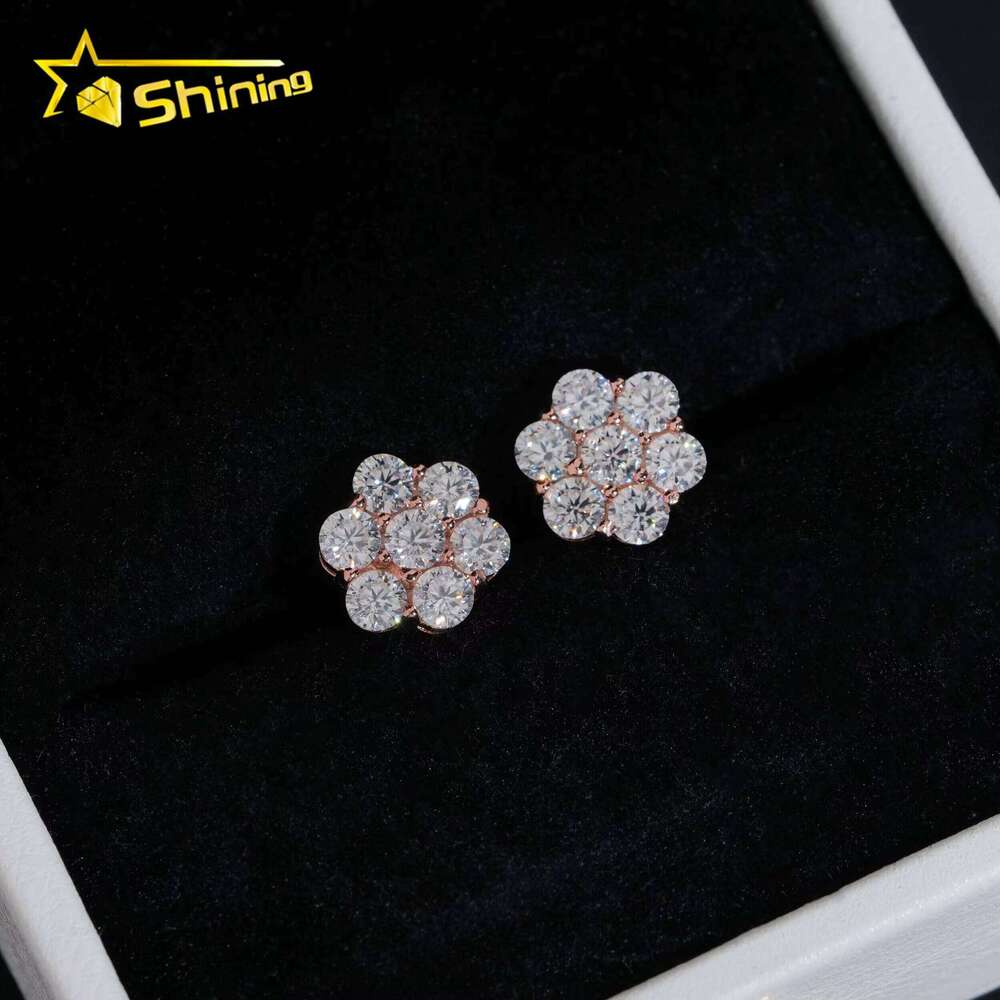 Ready to ship, stock is low. Shipping of men's ice-cold hip-hop pure silver 925 screw-back silicon stone flower cluster earrings