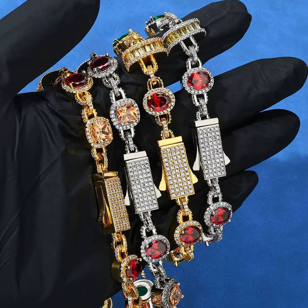 NUOYA 15mm New Arrival Hip Hop Necklace 925 Silver Platinum Geometric Chain Colorful VVS Moissanite Jewelry