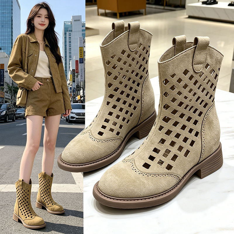 New Summer Women's Hollow Out Short Boots Pointed Toe Mid Calf Boots with Hidden Inner Height Increase Khaki Western Cowboy Boots for Women Breat