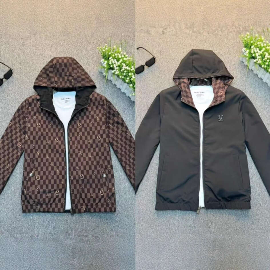 Men's 2026 Autumn Reversible Hooded Jacket Checker Monogram Print Lightweight Windbreaker Casual Versatile Water Resistant Outerwear For Daily St