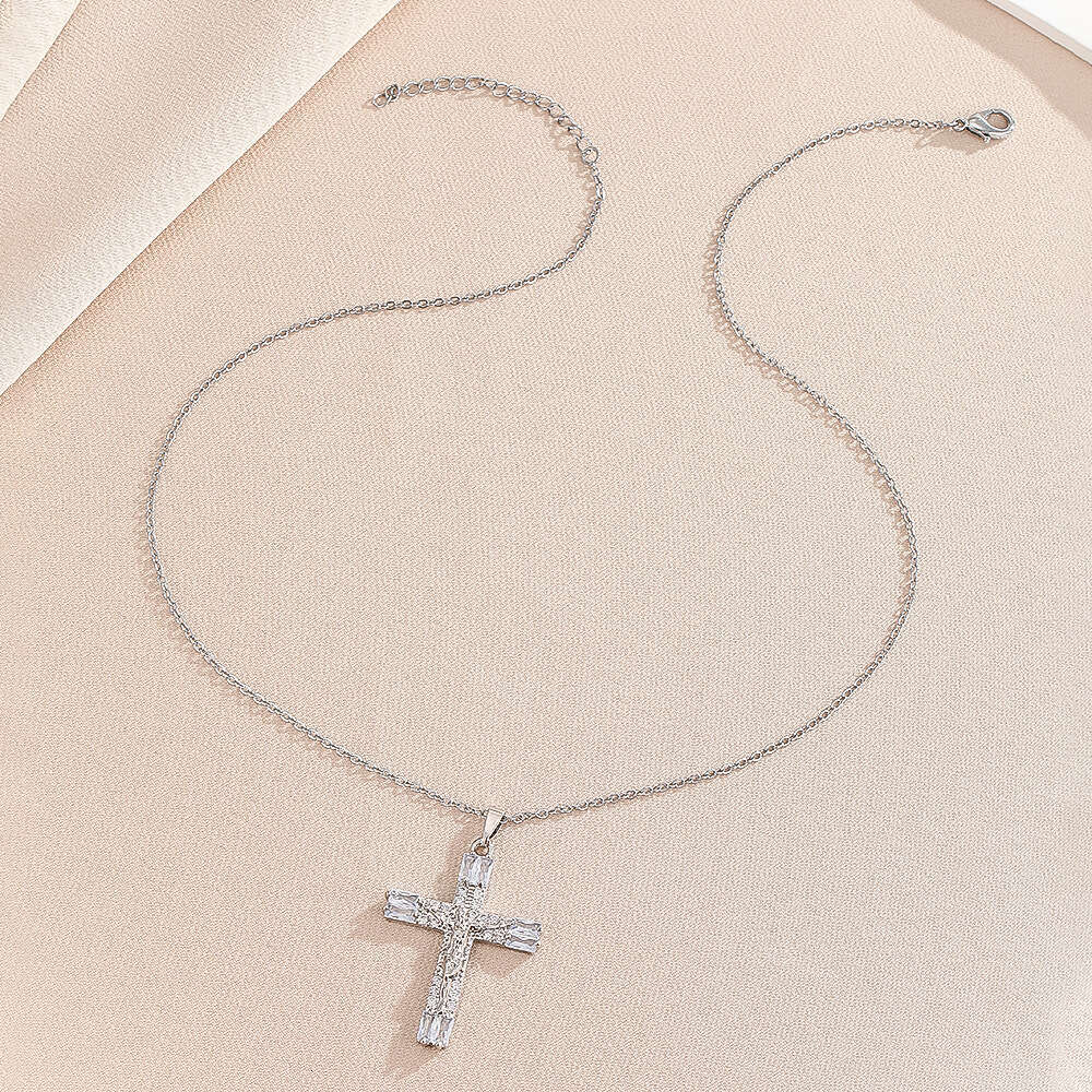 Trade New Virgin Mary Cross Micro Inlaid Zircon Copper Gold-Plated Necklace Women's Collarbone Chain Pendant