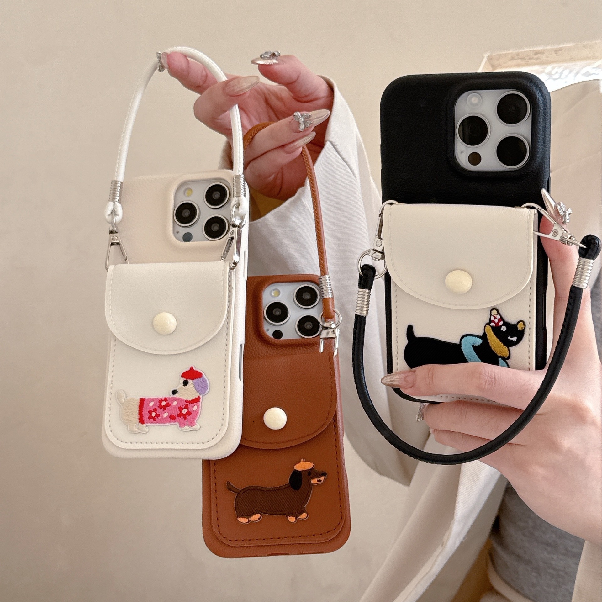 Embroidered puppy card holder case for Apple 16, iPhone 17 Pro/15, soft TPU with lychee pattern and wrist strap