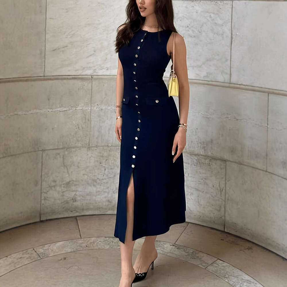 Luxury Brand Designer Clothes European And American Elegant Women's Knitted Ribbed Long Round Neck Sleeveless Button Slim Fit Dress
