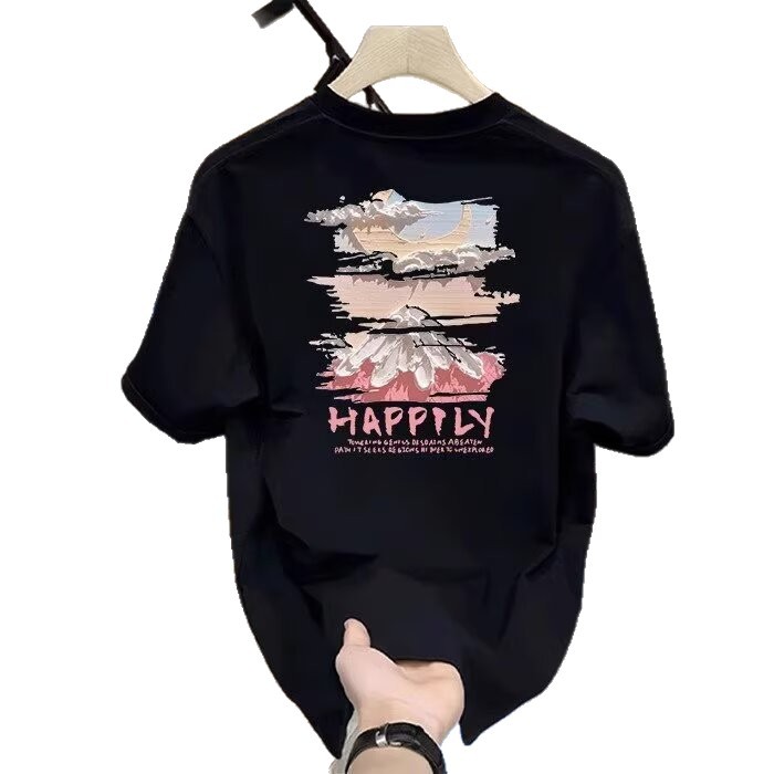 HAPPY print heavyweight cotton t-shirt men's t-shirt, women's t-shirt