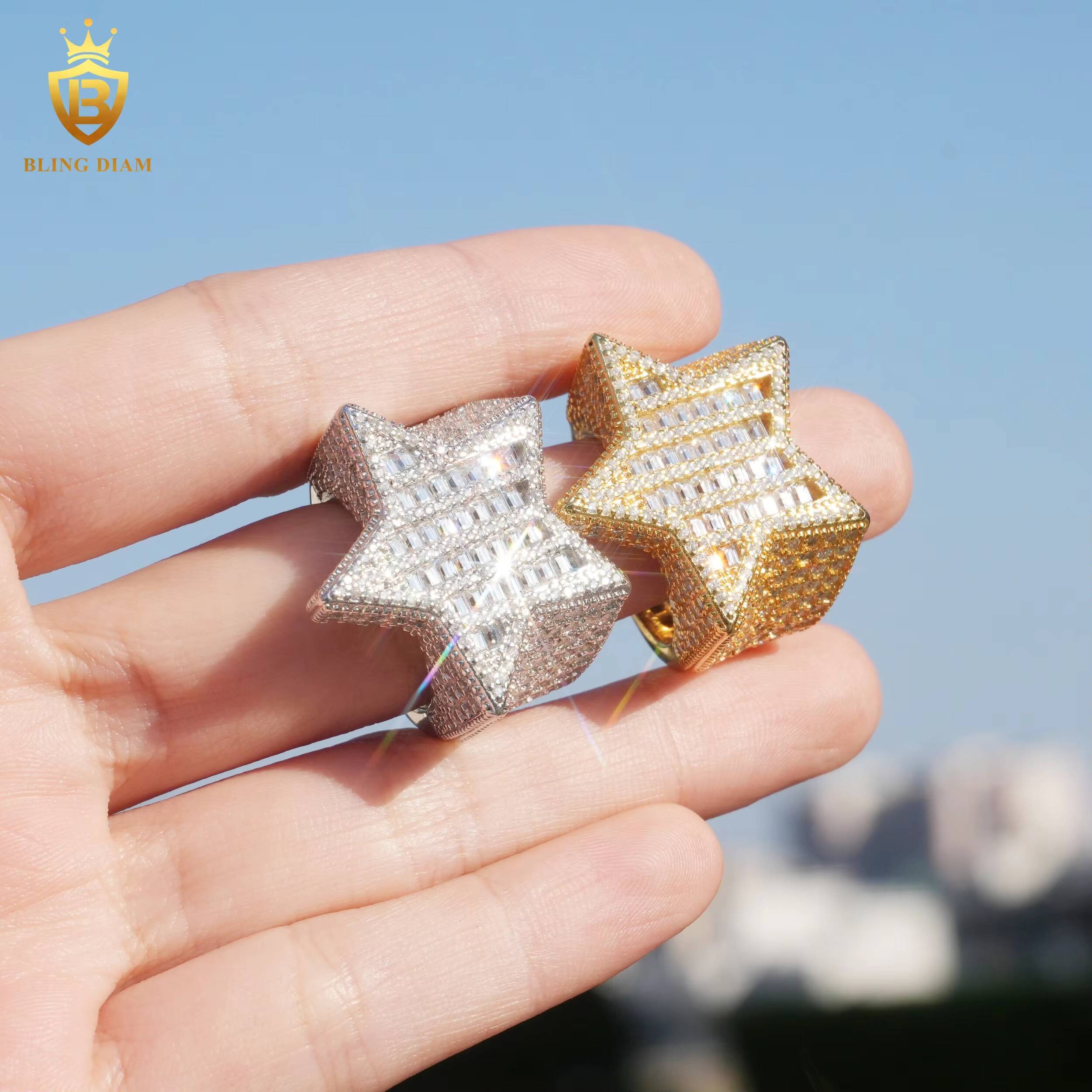 Trendy Styles 925 Sterling Silver VVS Moissanite Hip Hop Iced Out Moissanite Custom Star Baguette Ring Pass Diamond Tester