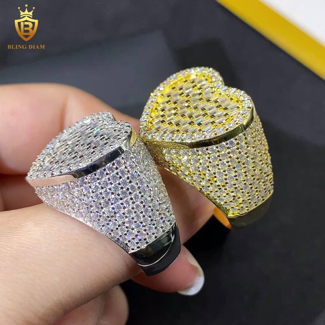 Iced Out Heart Ring Baguette Cut VVS Moissanite Ring D Color VVS Fine Moissanite Jewelry GRA Certified Moissanite Ring Hip Hop