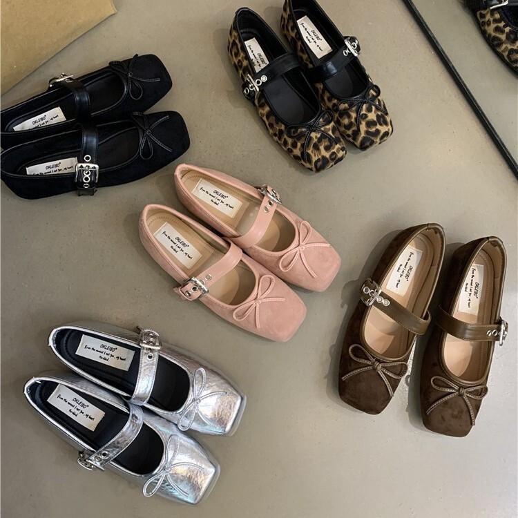 Internet Celebrity Square Toe Women's Autumn New Flat Bowknot Single Ballet Silver Belt Buckle Mary Jane Shoes
