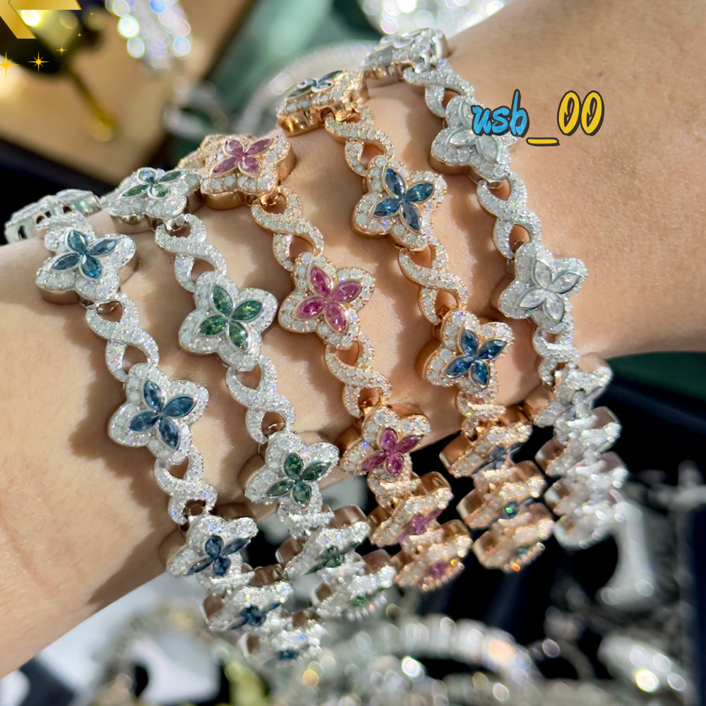Hot Stunning Bracelets Colored Moissanite Clover Charms 13mm Four Leaf Cuban Links Bracelet 925 Silver Cuban Chains Men Women