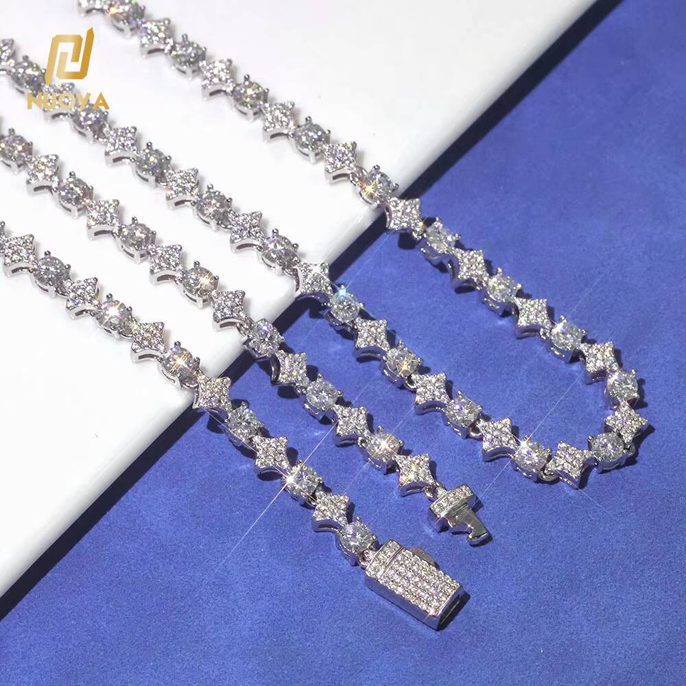 NUOYA 6mm Width Star Design Shiny VVS Moissanite Necklace Custom Womens Fine Jewelry 925 Sterling Silver Tennis Chain