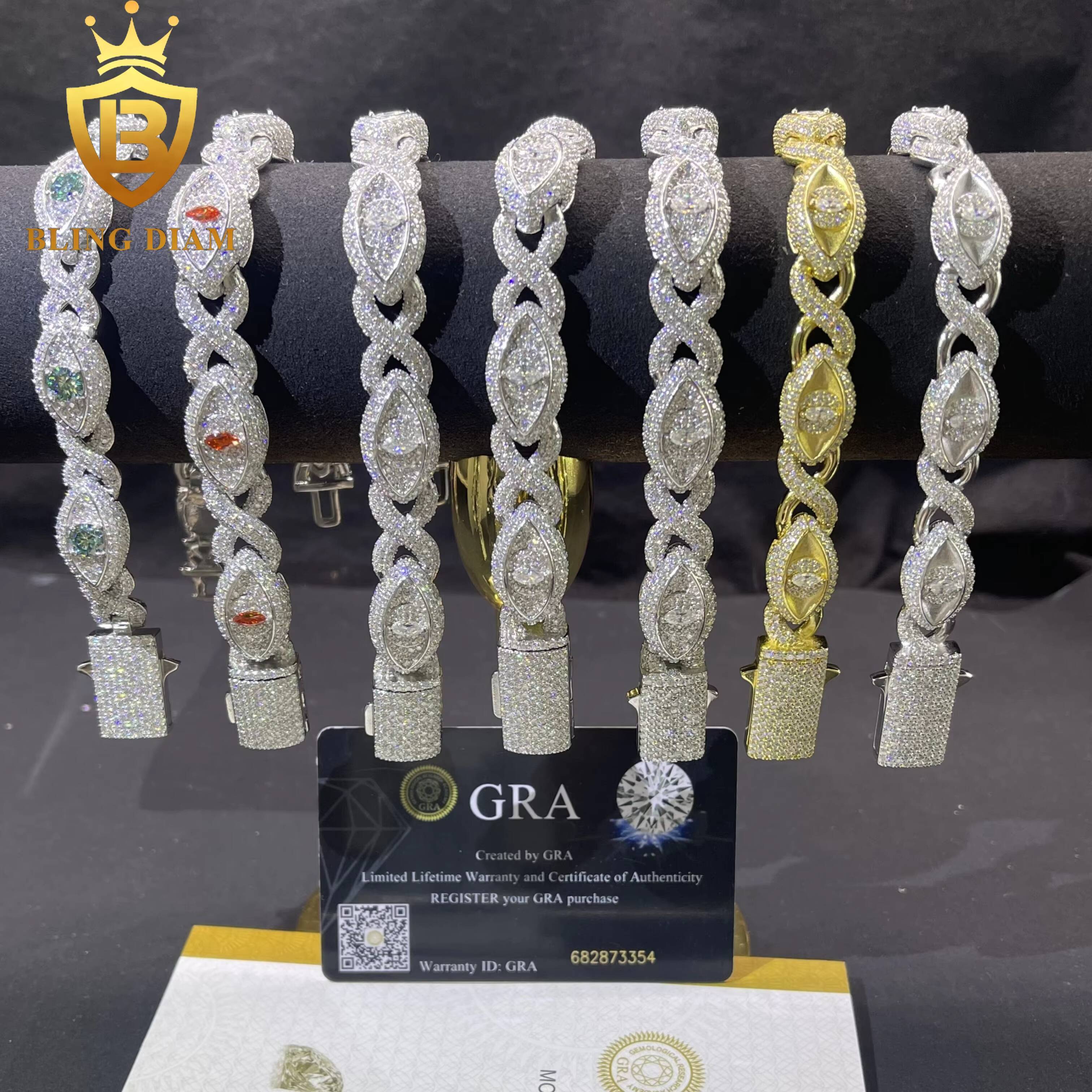 Wholesale Hip Hop Jewelry S925 Sterling Silver Vvs Moissanite Eye Infinity Cuban Link Charms Gold Plated Bracelets Mens