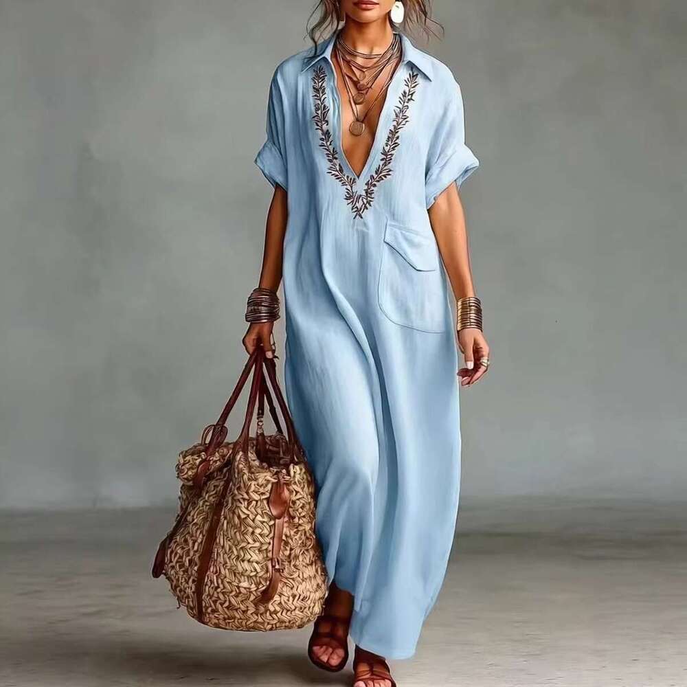 Women's Embroidered Linen Blend Maxi Shirt Dress, Short Sleeve Collared Kaftan