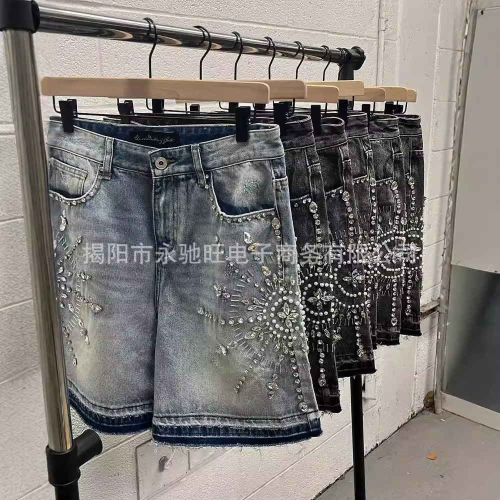 Luxury Brand Designer Men Heavyweight Rhinestone Embellished Denim Shorts American Streetwear Loose Casual Summer Washed Comfortable Versatile Trendy 