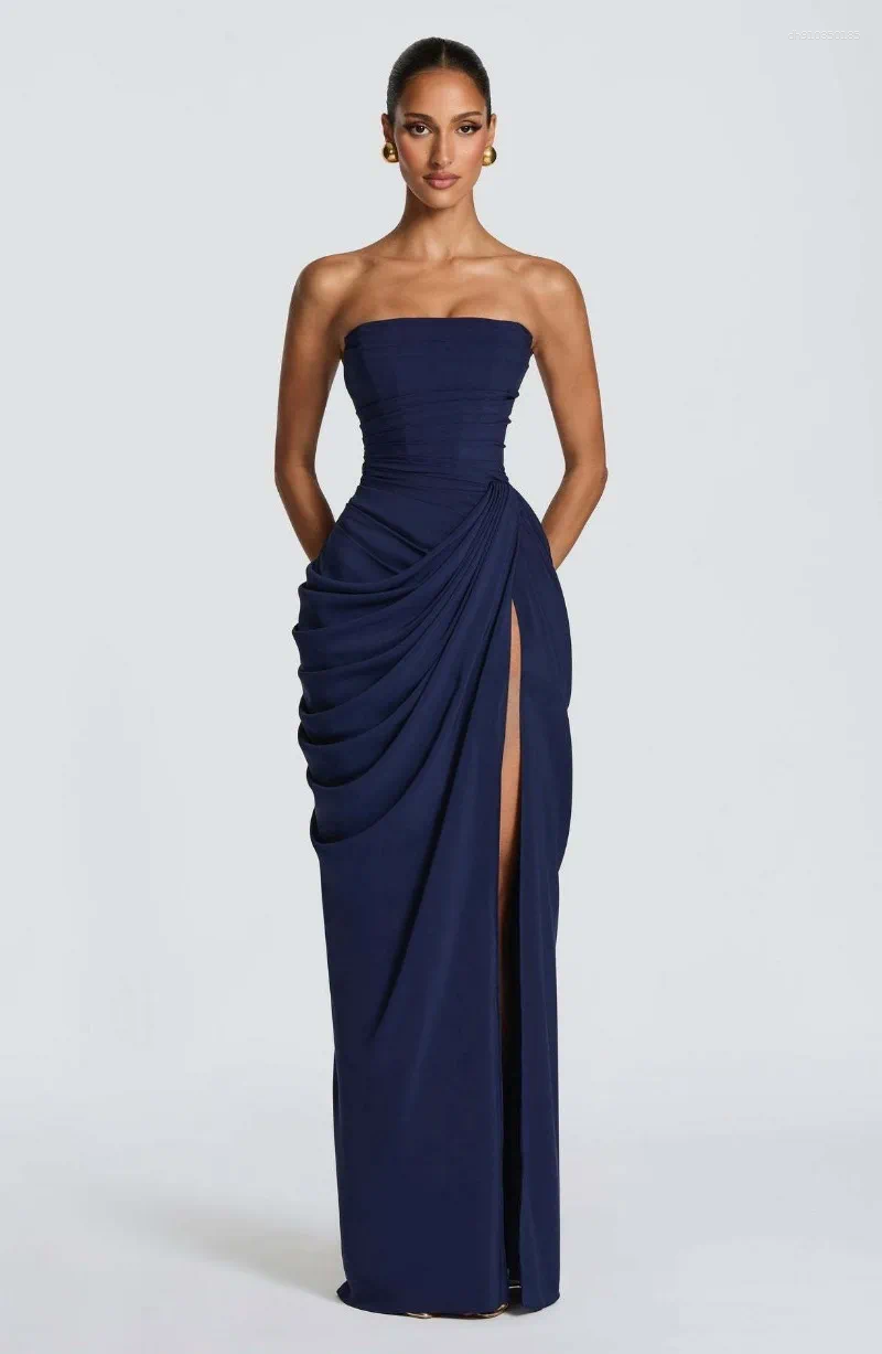 Casual Dresses FL Women Sexy Solid Pleated Strapless Dress Lady Chic Off-shoulder Backless High Waist Split 2026 Evening Party Gown