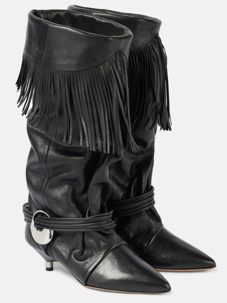 European and American Womens Pointed Pleated 5cm Thin Heel Fringed Calf Boots Knight Boots Plus Size Mid Length Boots 260420