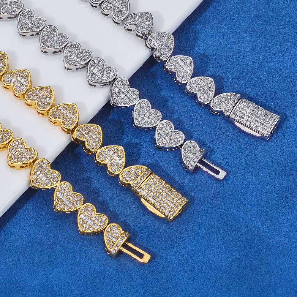 NUOYA 8mm Mixed Inlay Iced Out Baguette Heart Tennis Chain 925 Silver VVS Moissanite Necklace Hip Hop Womens Fine Jewelry