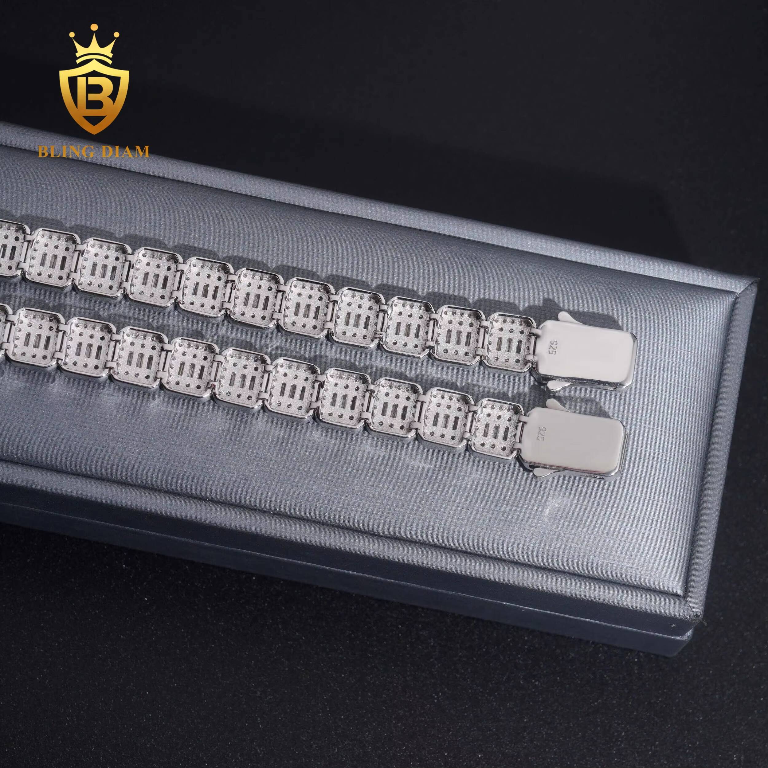 9mm Hip Hop Jewelry 925 Silver Vvs Moissanite Emerald Cut Tennis Chain Link Square Iced Out Bracelet Pass Diamond Test