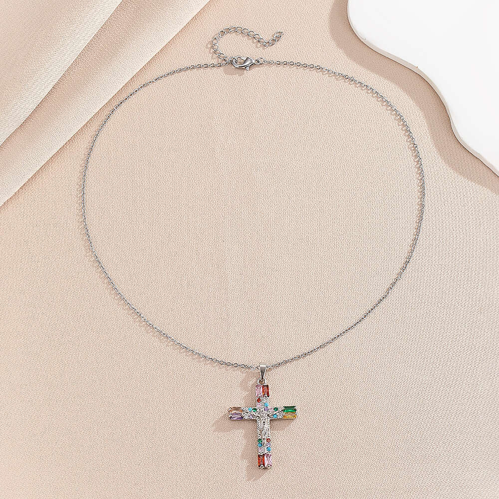 Trade New Virgin Mary Cross Micro Inlaid Zircon Copper Gold-Plated Necklace Women's Collarbone Chain Pendant