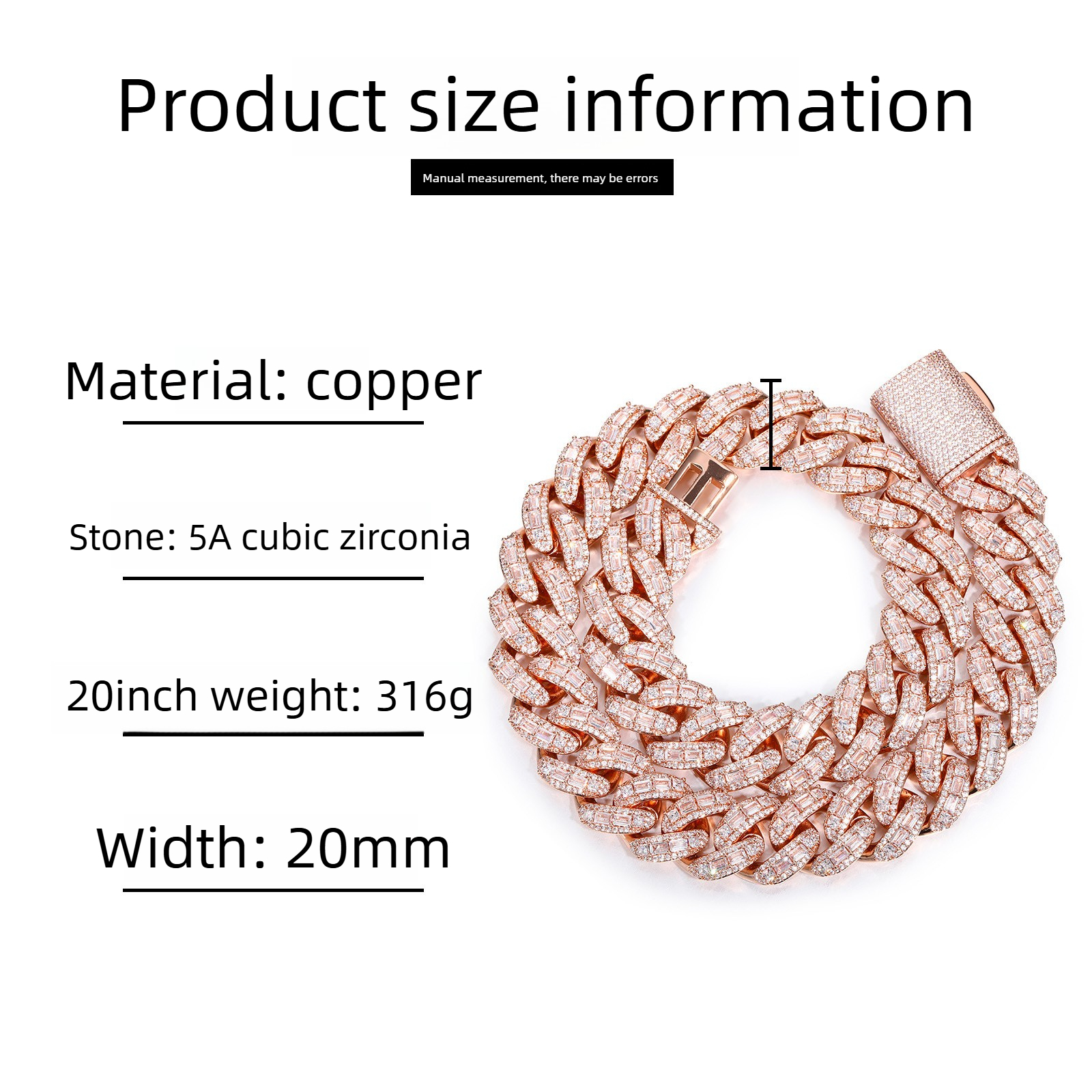 20mm Hip Hop Cuban Chain Necklace Rose Gold Plated TopBling 5A Round T Zircon Mix Mens Jewelry