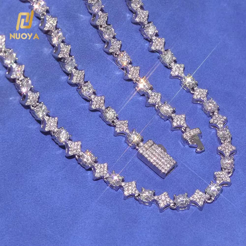 NUOYA 6mm Width Star Design Shiny VVS Moissanite Necklace Custom Womens Fine Jewelry 925 Sterling Silver Tennis Chain
