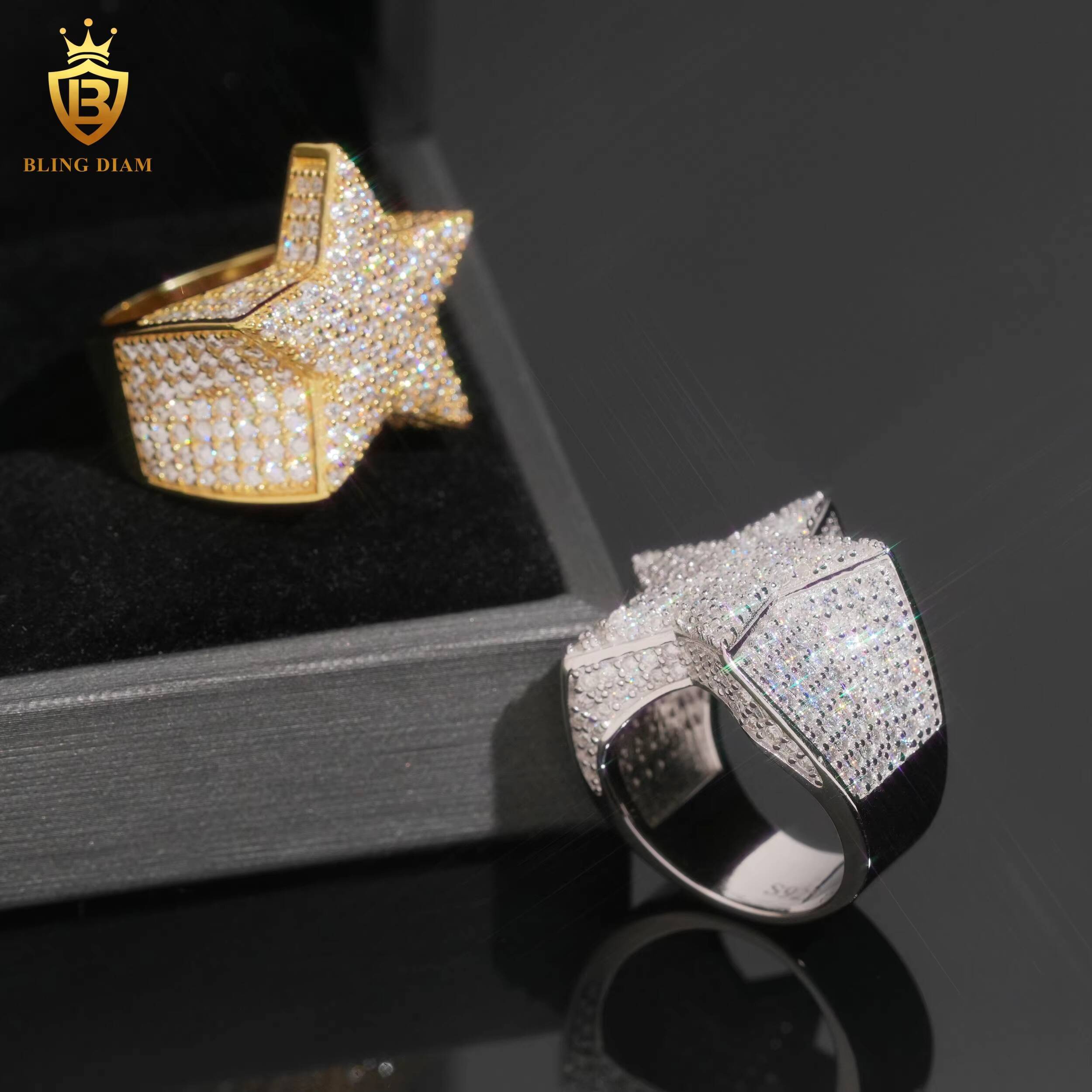 Wholesale Price Iced Out Hip Hop Jewelry 925 Silver Vvs Moissanite Ice Out Mens Star Cuban Rings GRA Certificate