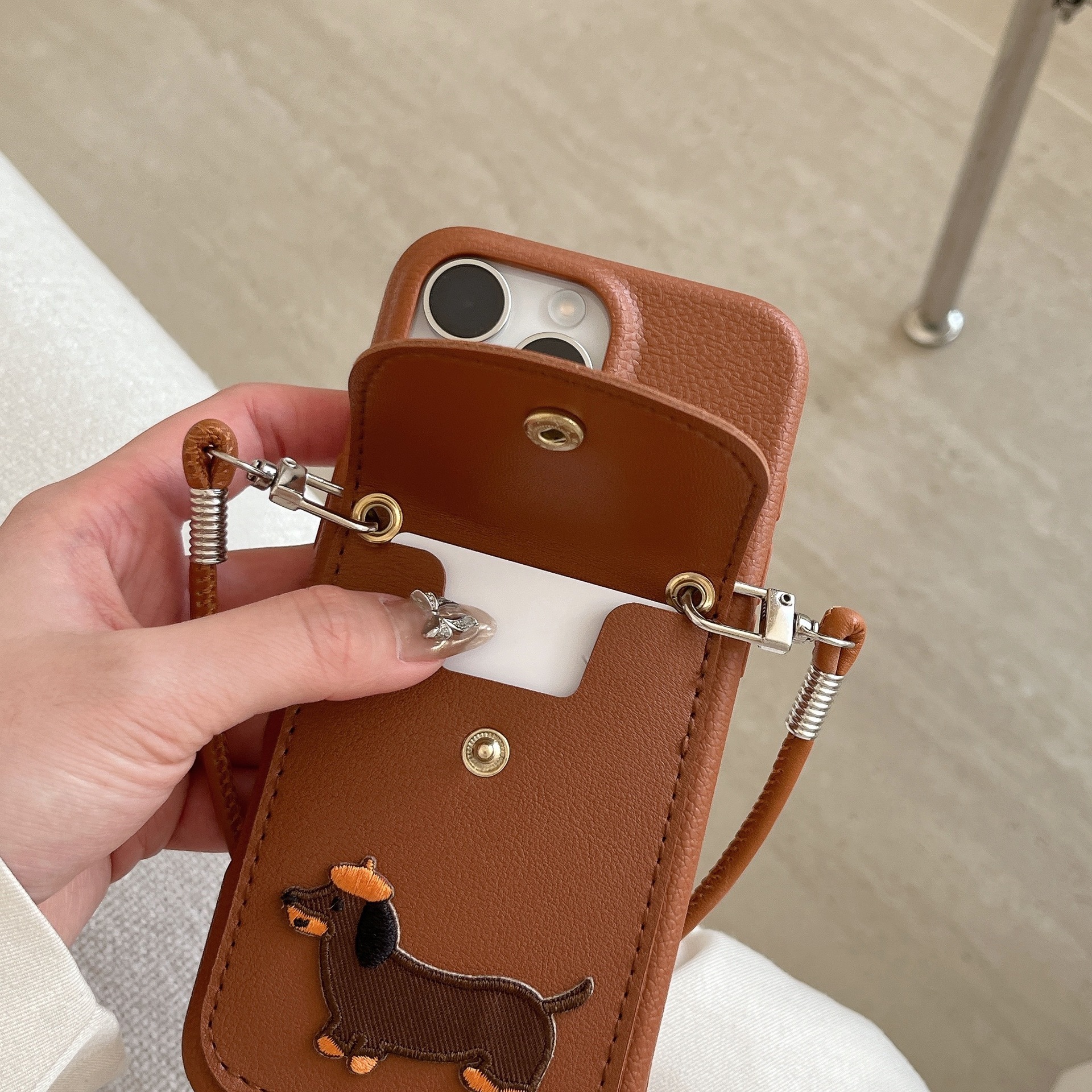 Embroidered puppy card holder case for Apple 16, iPhone 17 Pro/15, soft TPU with lychee pattern and wrist strap