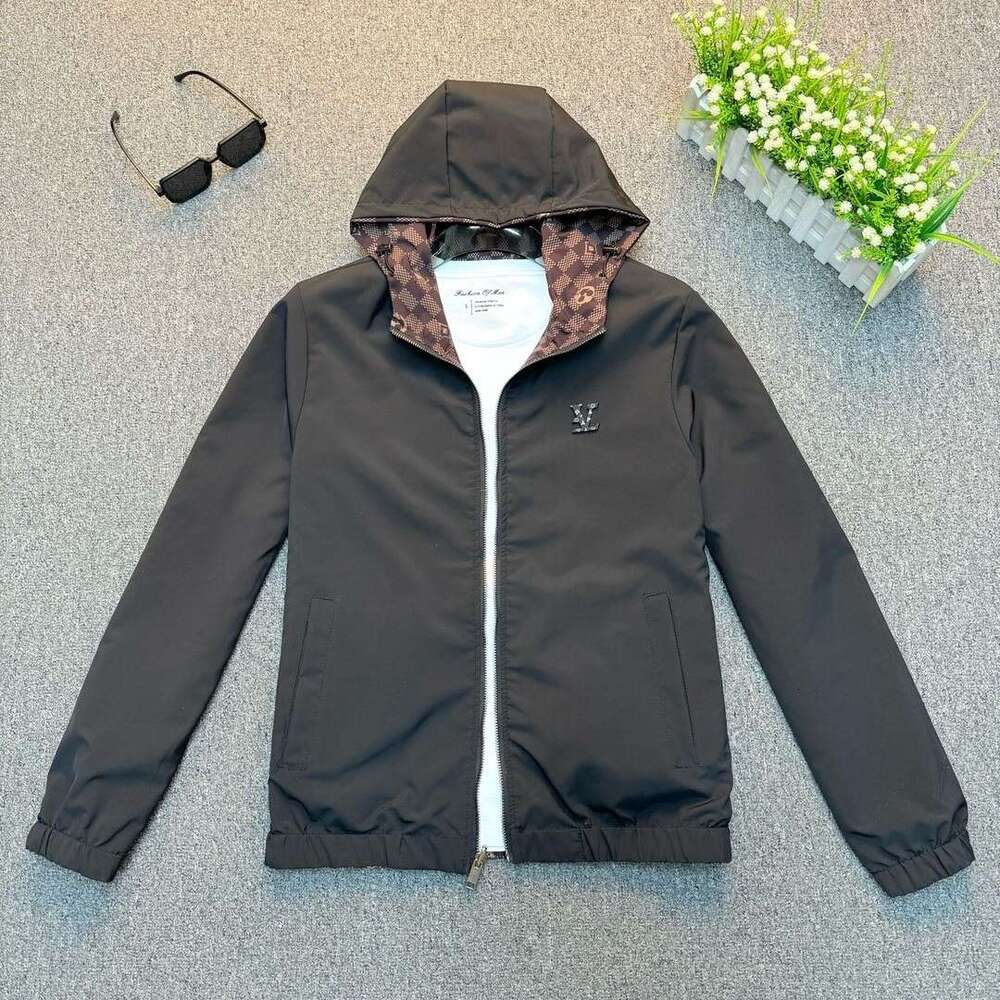 Men's 2026 Autumn Reversible Hooded Jacket Checker Monogram Print Lightweight Windbreaker Casual Versatile Water Resistant Outerwear For Daily St