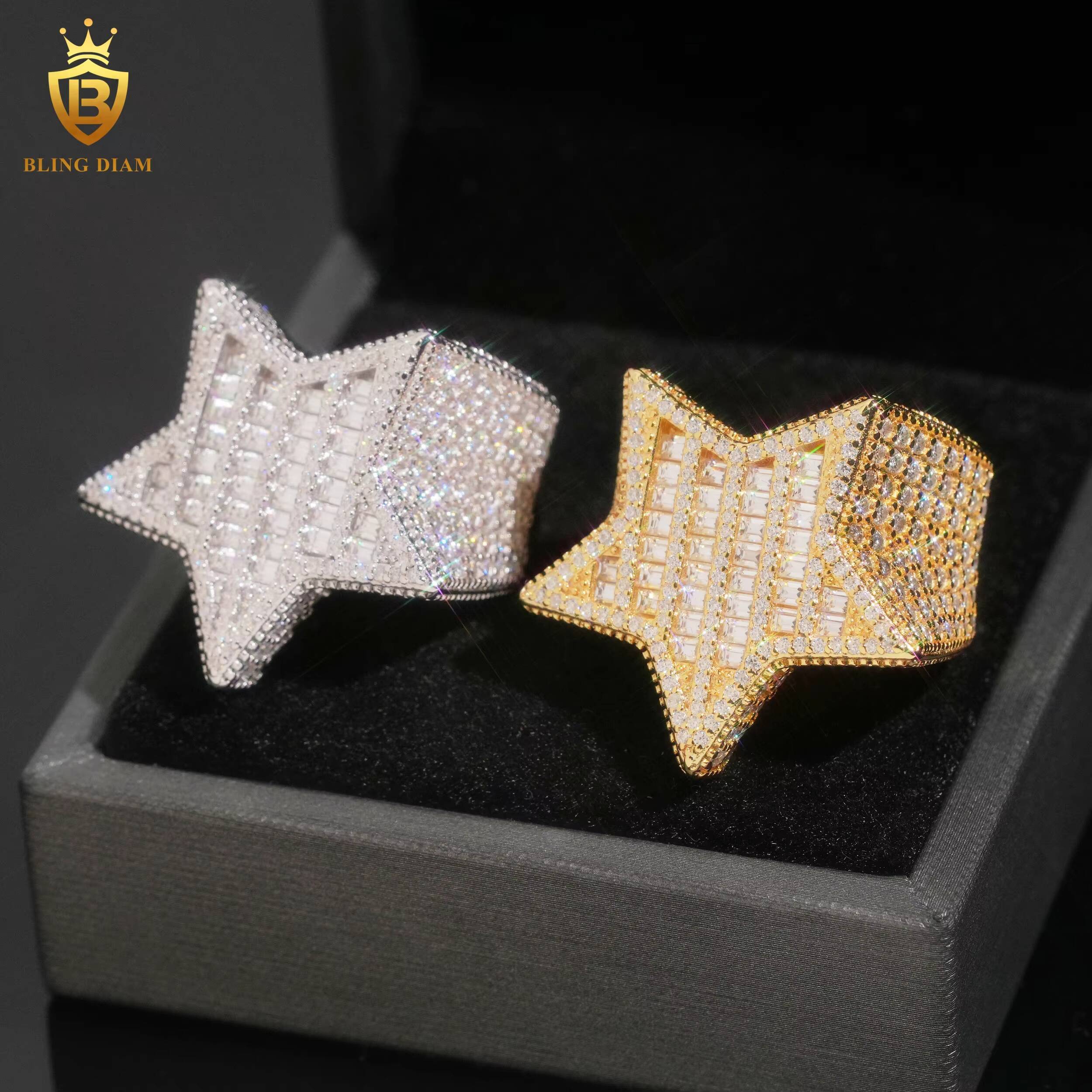 Trendy Styles 925 Sterling Silver VVS Moissanite Hip Hop Iced Out Moissanite Custom Star Baguette Ring Pass Diamond Tester