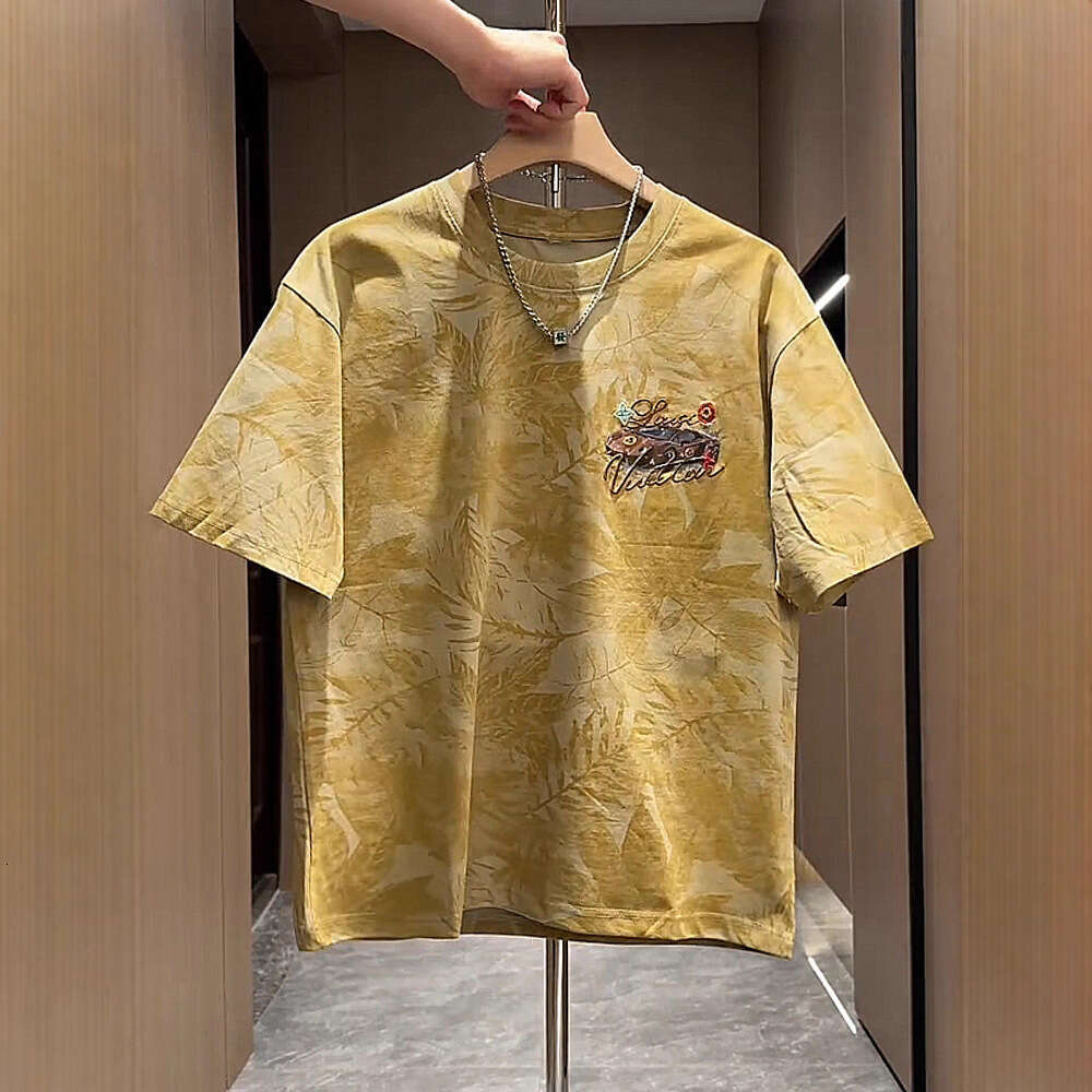 Mens Vintage Car And Sailboat Embroidered Short Sleeve T Shirt Washed Khaki Design Regular Fit Breathable Material For All Seasons And All Occasions