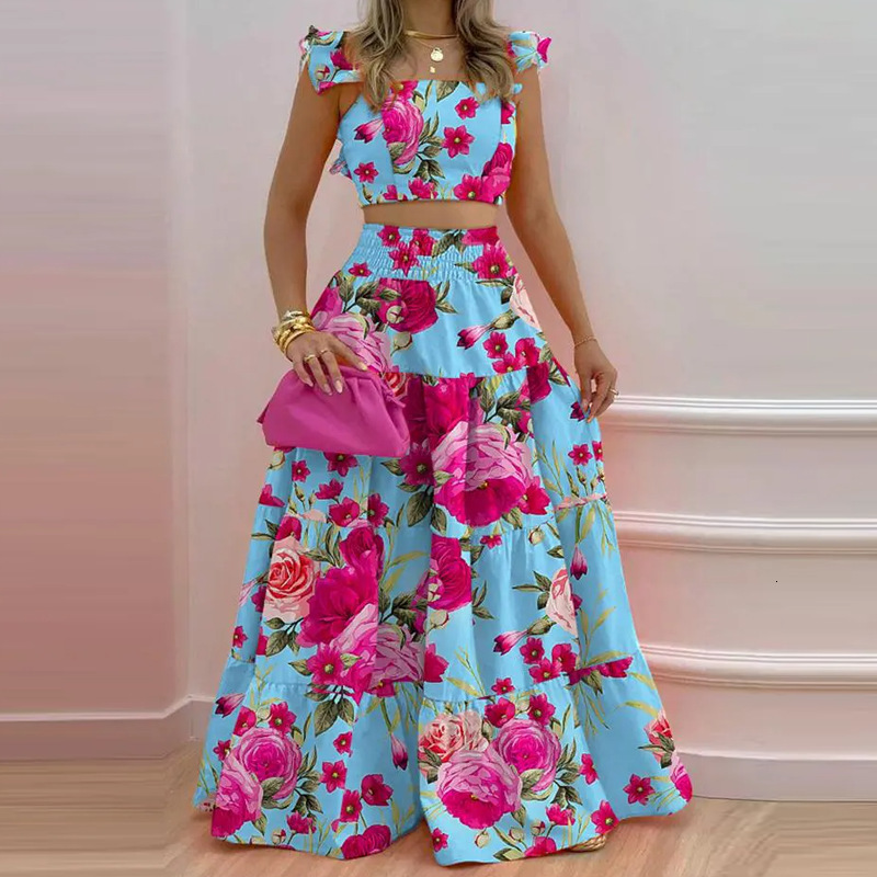 womens fashion simple printed square neck short top loose pleated skirt two-piece set 241114