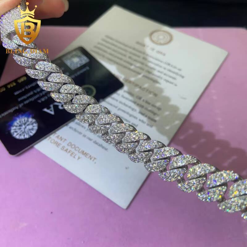 Hot Saling 12MM VVS1 Moissanite Cuban Link Chain Hip Hop Pass Diamond Tester Moissanite 925 Sterling Silver Cuban Chain GRA