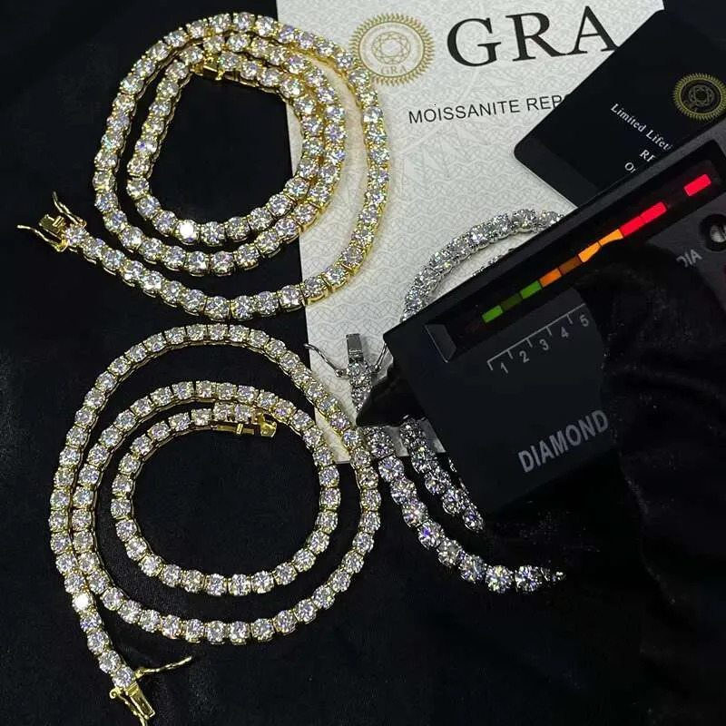 Custom Full Diamond-Encrusted 925 Sterling Silver Moissanite VVS Tennis Chain 2mm-5mm Men's Women's