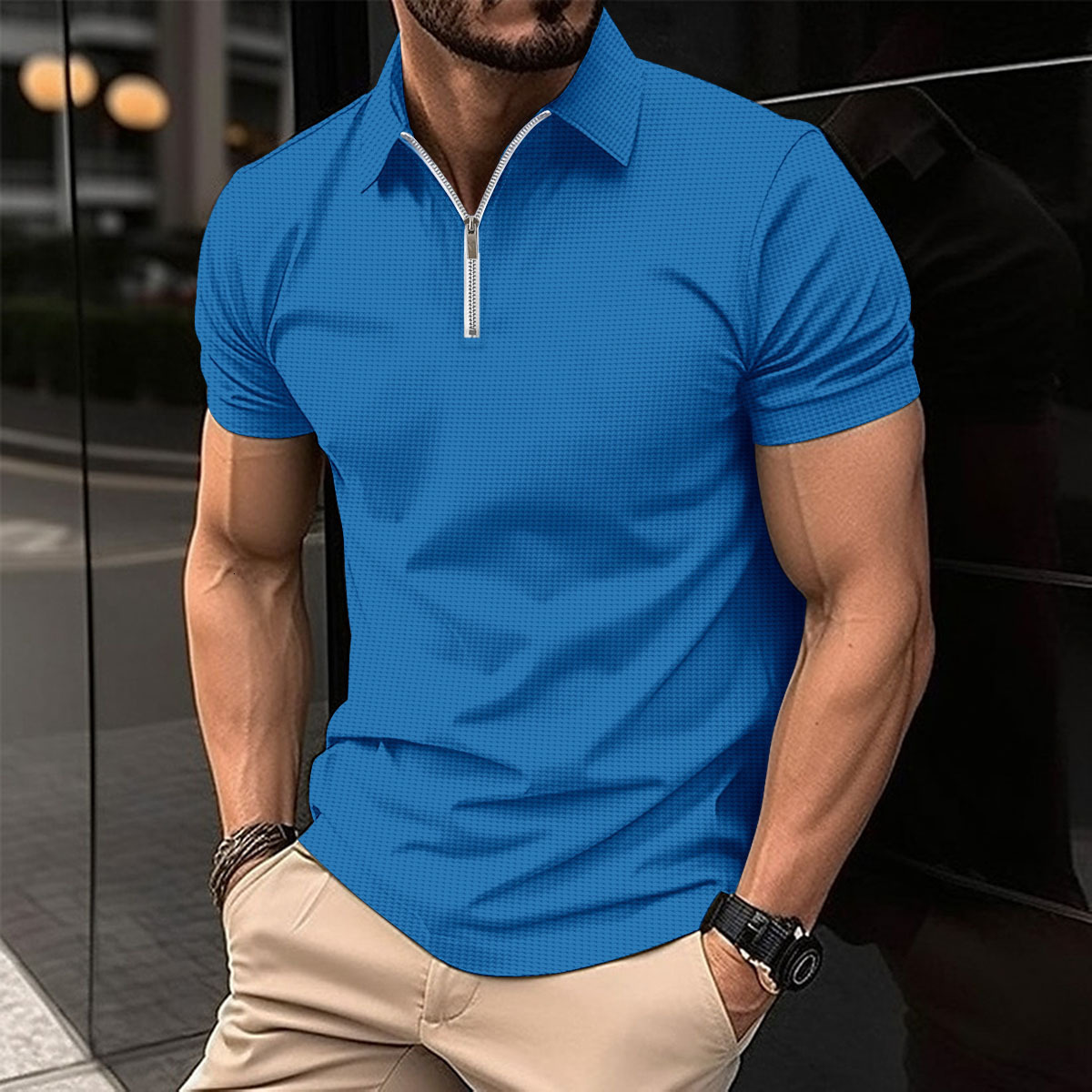 2024 Summer Mens -Selling Henry Shirt Solid Color Zipper Standing Collar Short-Sleeved Slim Casual Sports Mens Shirt 240806