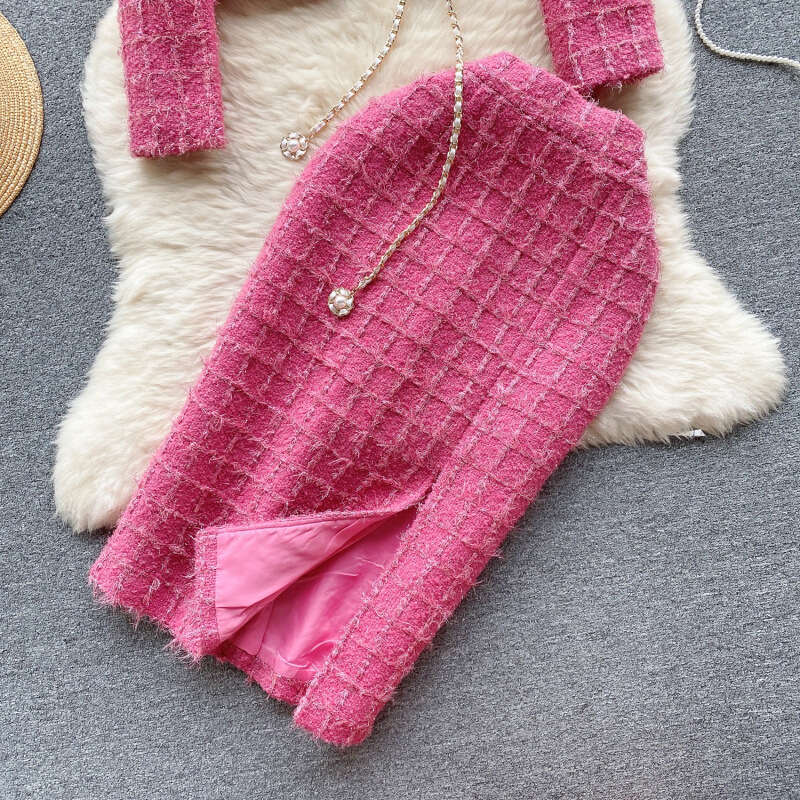 Designer Clothes Fashionable High End Light Luxury Set Women's Winter Woolen Casual Cardigan Jacket Exquisite Slit Mid Length Skirt Check Tweed T - view 4