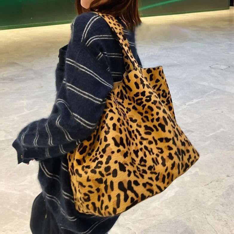 New Leopard Print Tote Bag Women Cowhide Horsehair Casual Shoulder Handbag Large Capacity Shopping Travel Commute Fashion Luxury SENYY