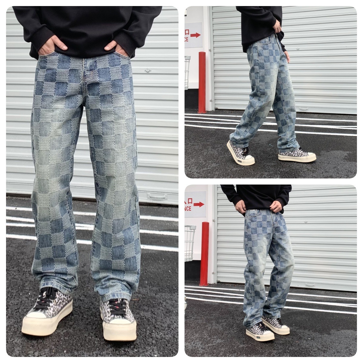 New American-style Trendy Brand Loose Luxury Straight-leg Plaid Patchwork Jeans For Loose Men High Street Retro Casual Pants Designer For Men