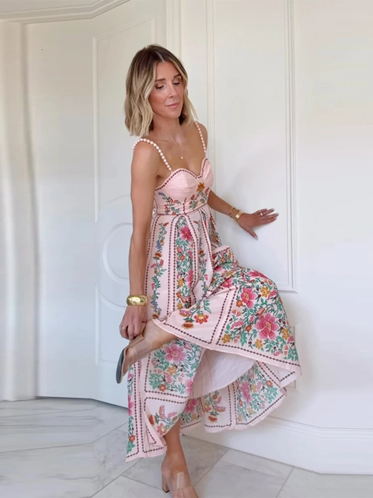Women Dress Floral Print Midi Dresses Pink Beaded Spaghetti Strap Sweetheart Neck A-Line Dress Spring Outfit Woman Clothes 260420