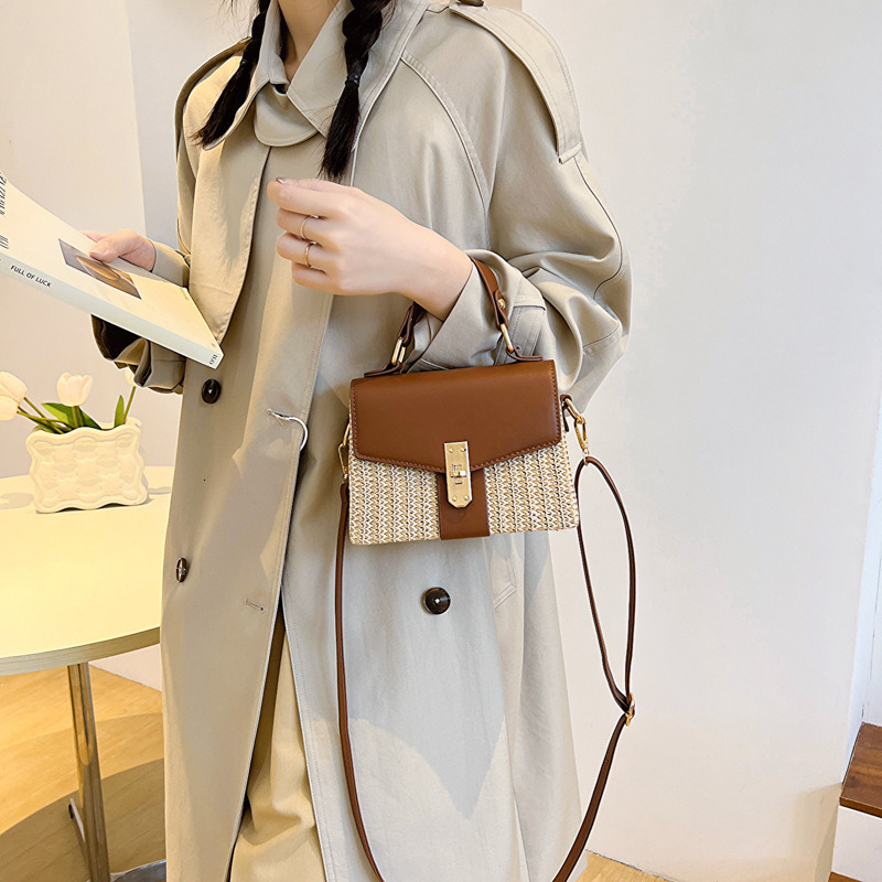 Women's 2025 New Handmade Rattan Woven Summer Fashion Versatile Straw Handbag Small Square Bag ddmynov