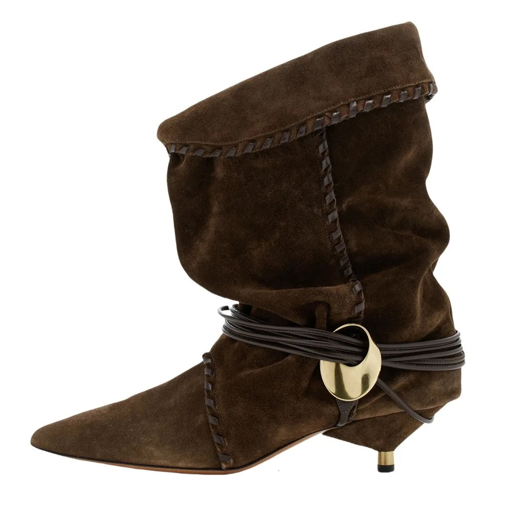 European and American Womens Pointed Pleated 5cm Thin Heel Fringed Calf Boots Knight Boots Plus Size Mid Length Boots 260420