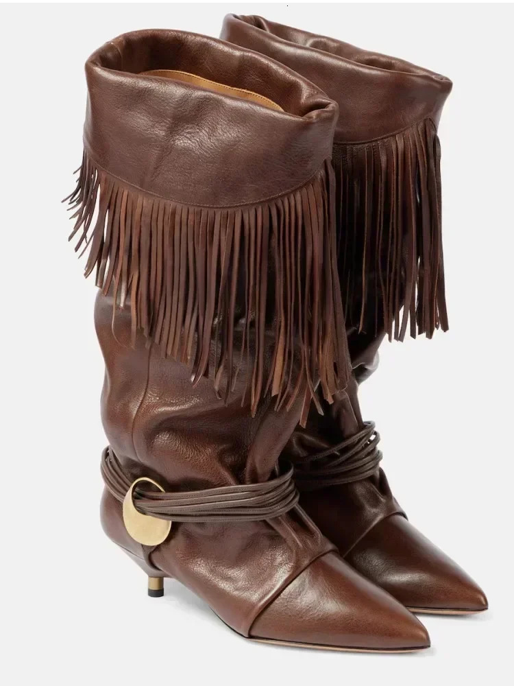 European and American Womens Pointed Pleated 5cm Thin Heel Fringed Calf Boots Knight Boots Plus Size Mid Length Boots 260420