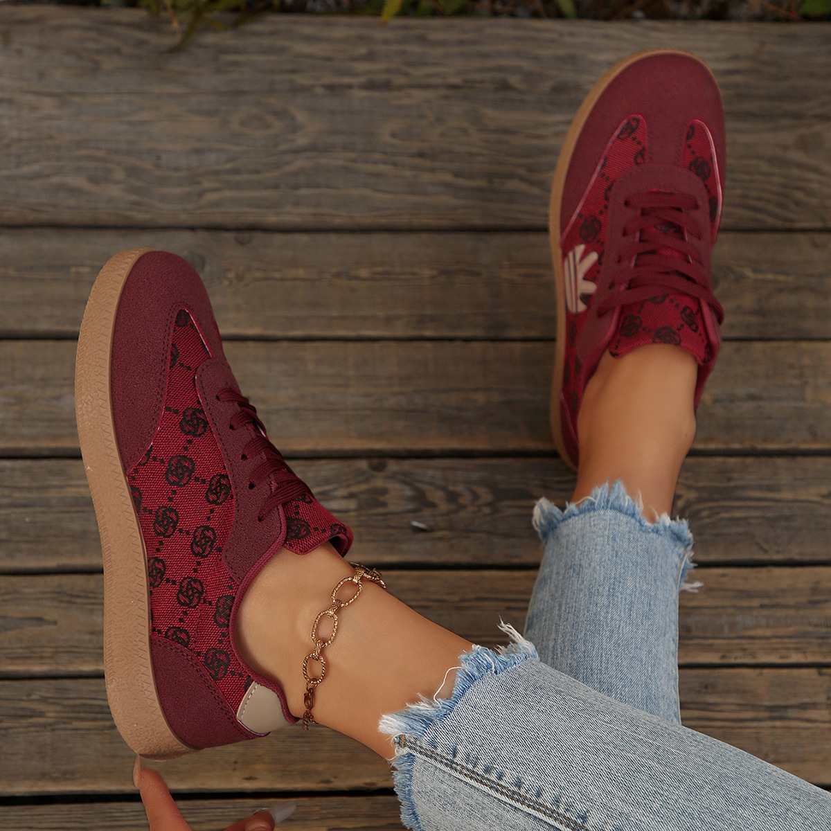 Women's Burgundy Monogram Retro Lace-up Trainers Spring Casual Plus-Size Color-Block Sneakers Lace-Up Thick-Soled Sports Shoes