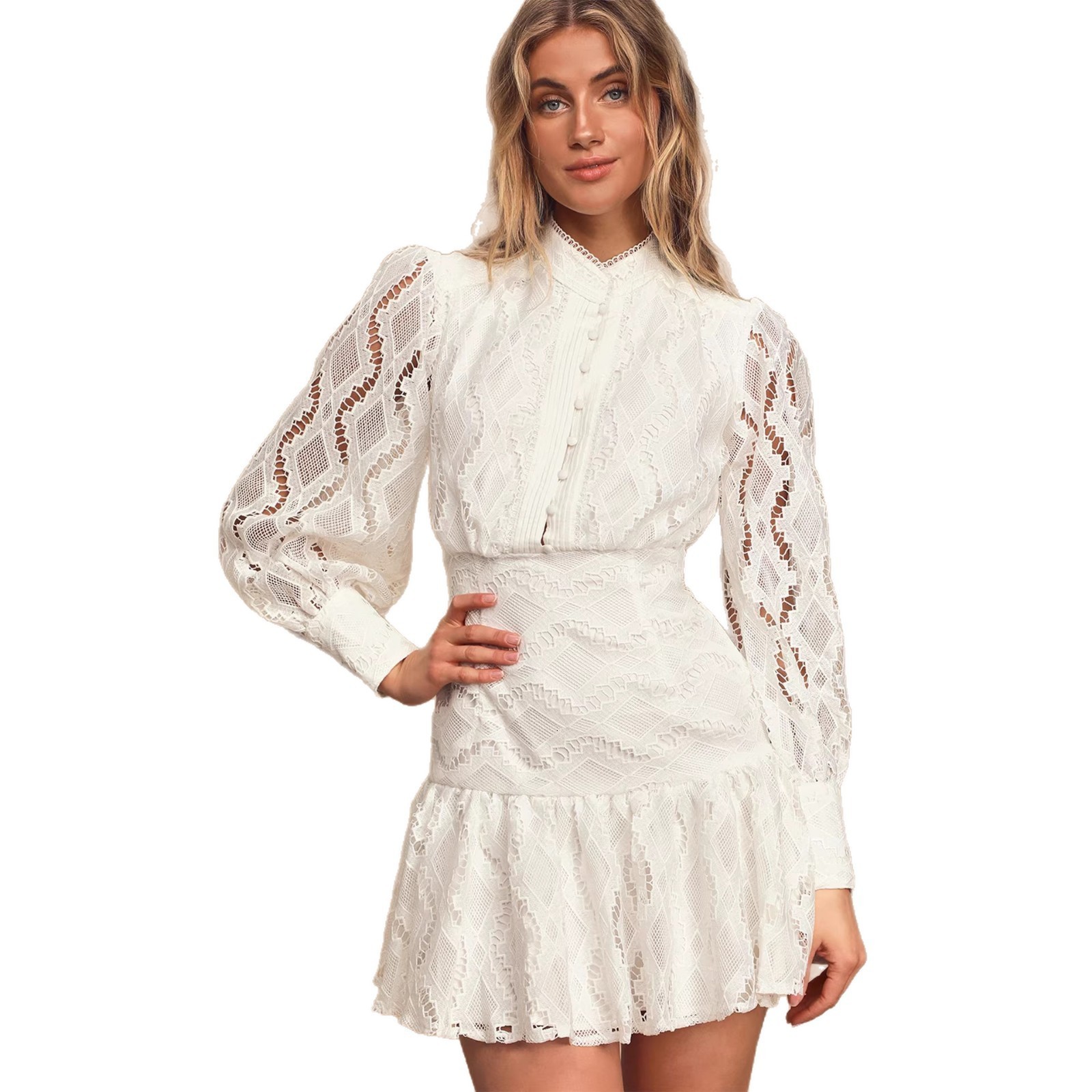2026 Forest-style gentle white lace short dress with half-high collar lace lantern sleeves and sheer design 210730