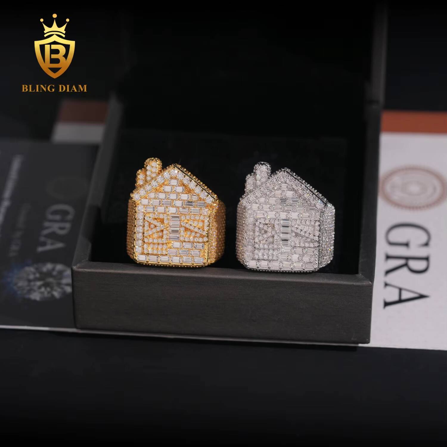 Iced Out Cuban House Ring Mens Hip Hop Jewelry 925 Sterling Silver Vvs1 Emerald Square Stone Cut Moissanite Diamond