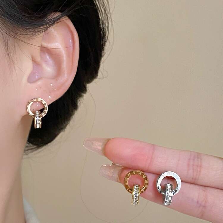 Popular Roman Double Ring Diamond-Studded Creative Earrings In Rose Gold Titanium Steel For Women, High-End Non-Fading Trendy Ear Accessories