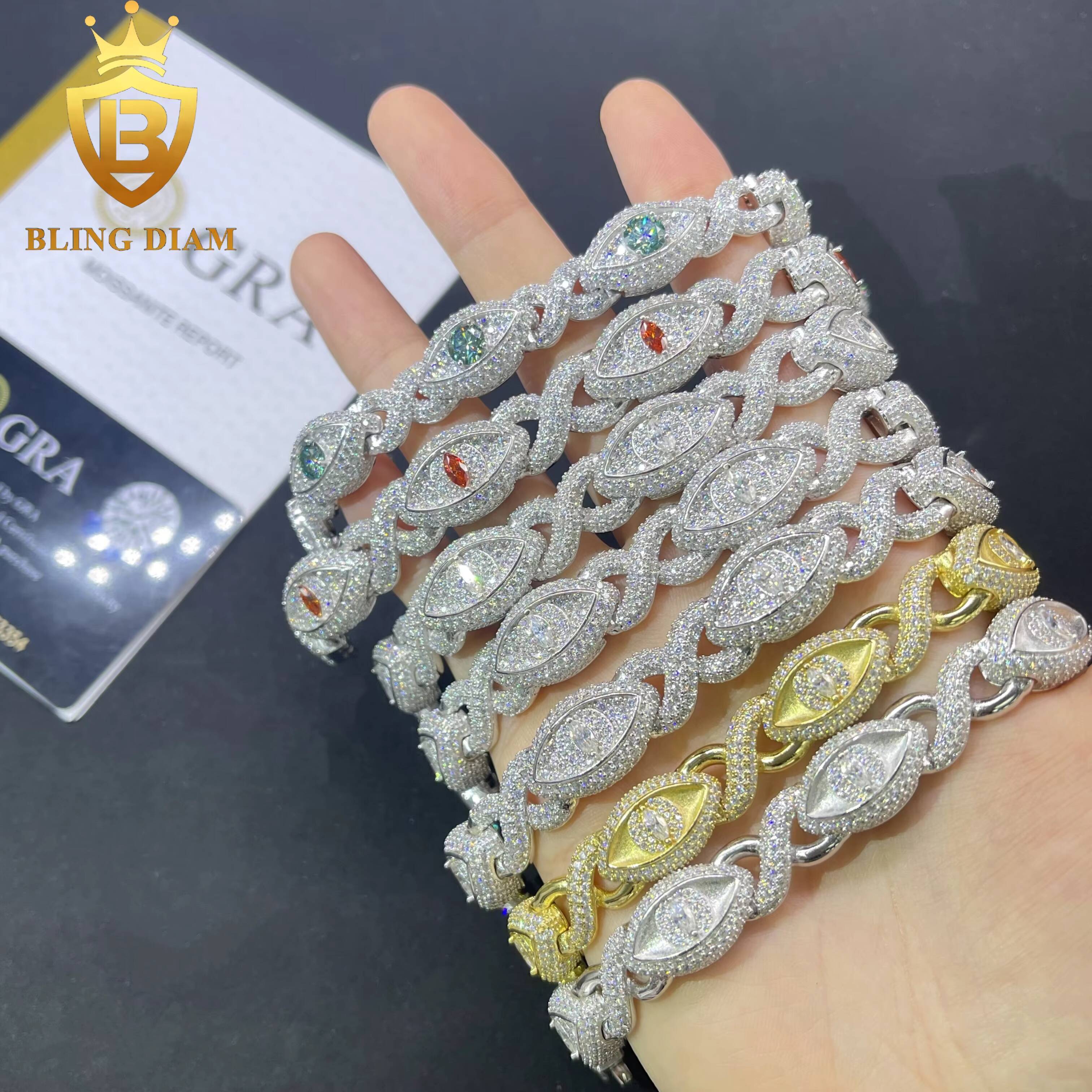 Wholesale Hip Hop Jewelry S925 Sterling Silver Vvs Moissanite Eye Infinity Cuban Link Charms Gold Plated Bracelets Mens