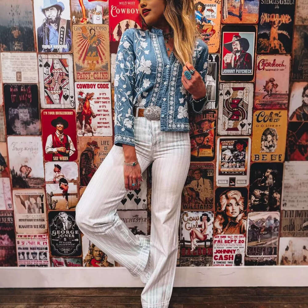 New 2026 Spring Summer Women Embroidered Denim Blouse V Neck Button Closure Long Sleeve Casual Streetwear Top MAKOUFEI
