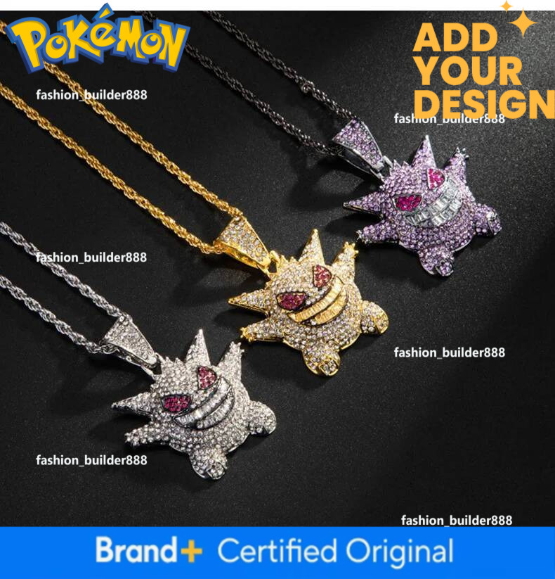 14K Gold Plated Gengar Pendant Necklace, Unisex Anime Cartoon Jewelry with White Diamond Face Accent, Alloy Copper Chain for Daily Outfit - Classic St - view 4