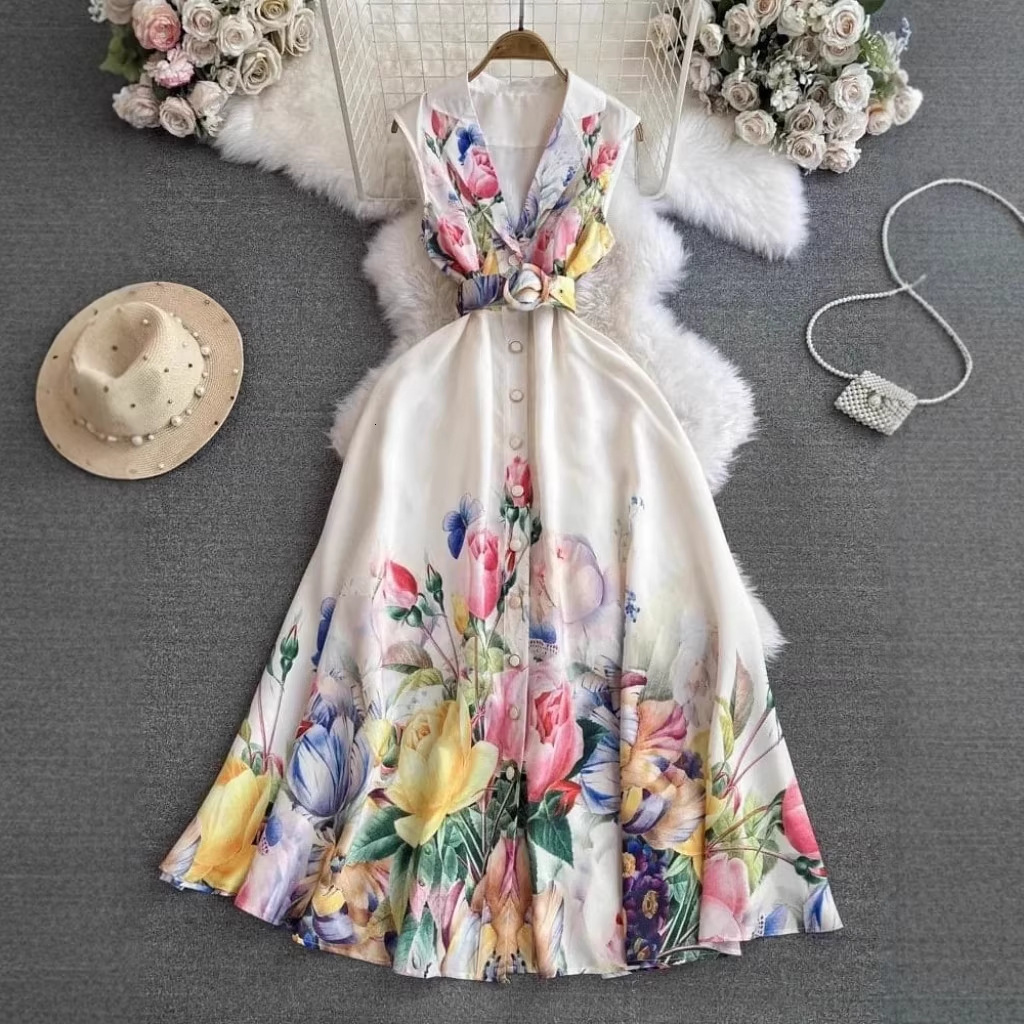 Summer Holiday Gorgeous Floral Dress Womens Sleeveless Ruffles V Neck Flower Print Buttons Chiffon Bohemain Robe Vestidos240730